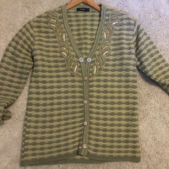 Vintage Sage and Cream Chunky Knitted Button Down Cottagecore Cardigan - Picture 6 of 12